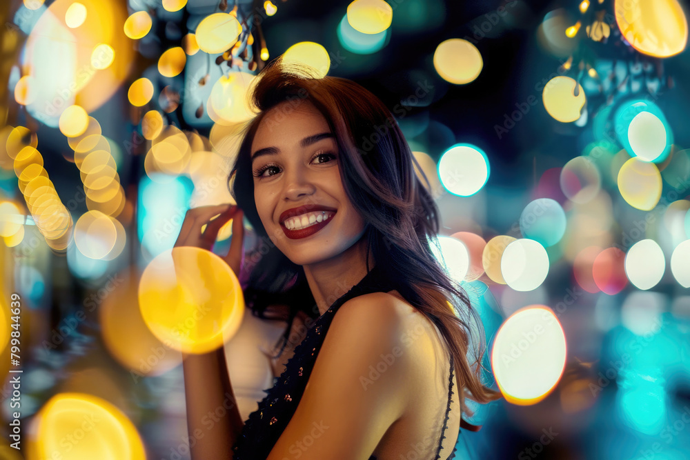 A young woman dazzles amidst the vibrant lights and energy of the cityscape
