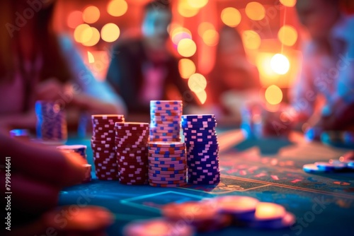 Many poker chips on a table with people playing. Gambling concpept background  photo