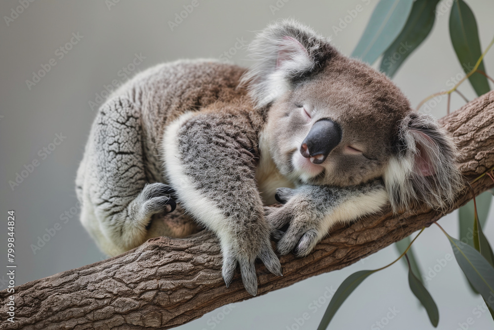Obraz premium the innocence and serenity of a baby koala sleeping peacefully on a eucalyptus tree, framed against a clean background, allowing the adorable moment to take center stage,