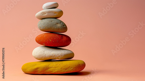 A stack of rocks on a beach. The rocks are of different sizes and colors, and they are arranged in a pyramid shape. Concept of tranquility and peace