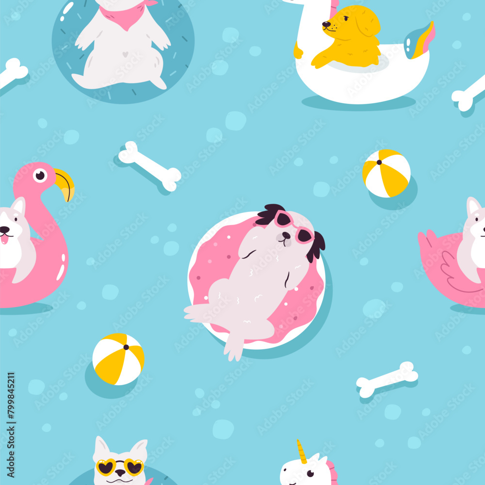 Colorful seamless pattern with funny dogs swimming with inflatable ring. Cute design with pet characters