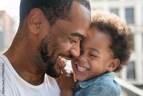 Close-up of a joyful father and child sharing a hug and laughter.