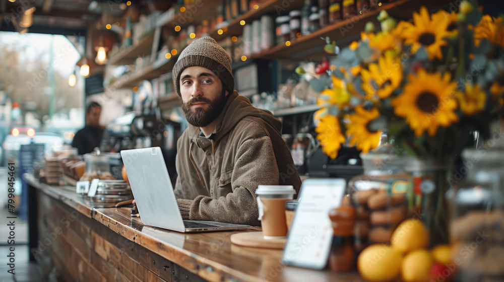 Contemplative Man in a Winter Hat Using a Laptop in a Cozy Cafe Environment Contemplative Man in a Winter Hat Using a Laptop in a Cozy Cafe Environment