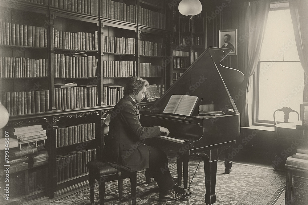 © HNJ - A 1890s-style black-and-white photo of a composer playing the piano in an ornate atelier. © HNJ - A 1890s-style black-and-white photo of a composer playing the piano in an ornate atelier.