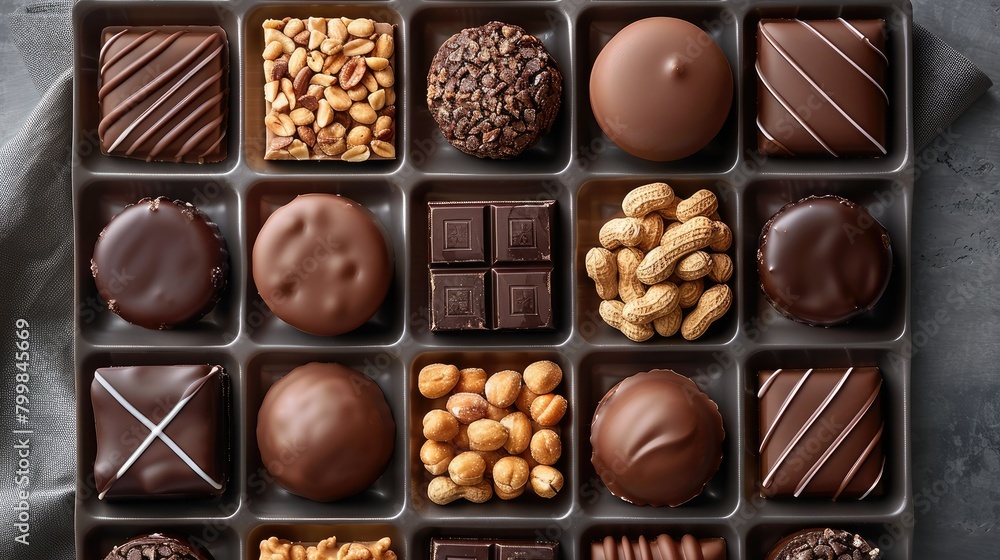 Top-down view of the assortment of peanut and chocolate is elegantly display. Generative AI. Top-down view of the assortment of peanut and chocolate is elegantly display. Generative AI.