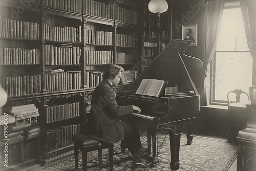 A 1890s-style black-and-white photo of a composer playing the piano in an ornate atelier. photo