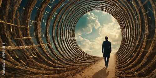 Person walking through a tunnel-like structure, symbolizes transitions, personal growth, or exploration