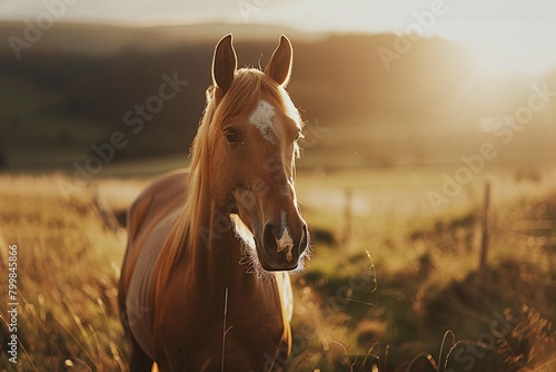 Horses in the evening field. Generative AI © prat