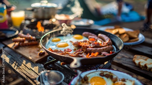 Experience the magic of camping cuisine with a breakfast spread that includes fried eggs, bacon, and