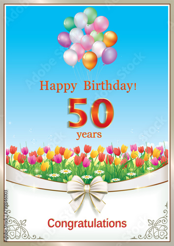 50 years anniversary.Birthday card on background of flowers and balloons with decorative ribbon and bow. Vector illustration