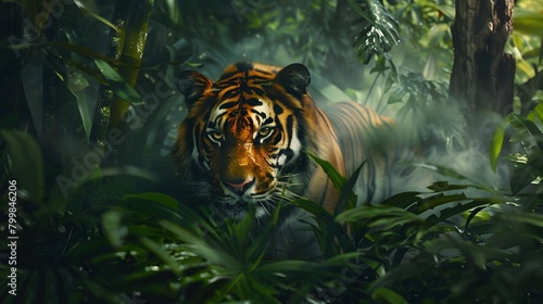 A powerful tiger lurking in a dense jungle, camouflaged among lush greenery. The setting is humid and the air appears misty, enhancing the mysterious and wild ambiance of the scene