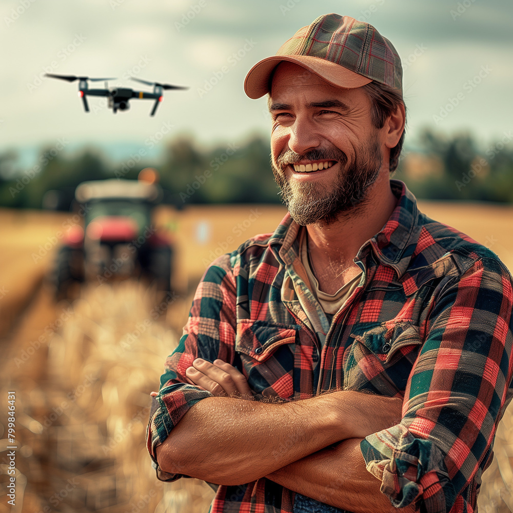 Smiling farmer crosses arms as a drone hovers over the crops Smiling farmer crosses arms as a drone hovers over the crops
