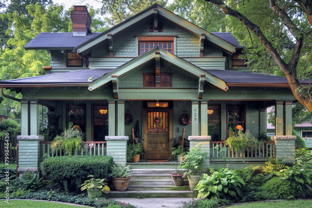 A charming craftsman bungalow with a wide front porch and intricate woodwork details.