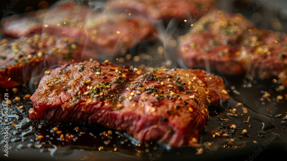 Focus on the seasoning of sizzling steak on a hot skillet, Photography Focus on the seasoning of sizzling steak on a hot skillet, Photography