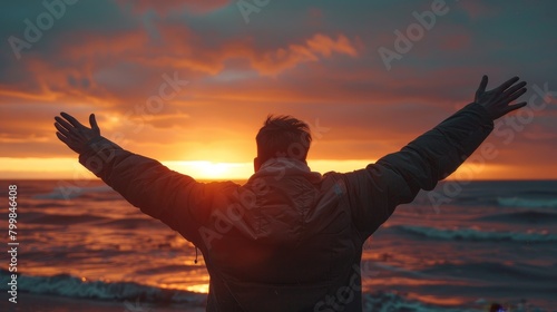 The silhouette of a successful arm up man is celebrating success with a sunrise