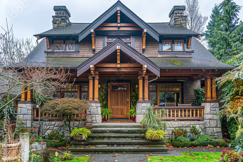 A charming craftsman bungalow with a wide front porch and intricate woodwork details. © shafiq