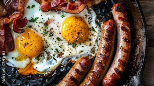Savor the delicious combination of fried eggs, crispy bacon, and savory sausages cooked to perfectio photo