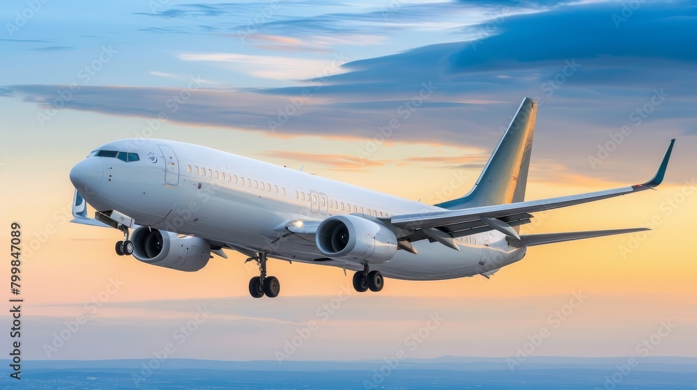 Commercial airliner soaring high in the sky with a breathtaking sunset in the background Commercial airliner soaring high in the sky with a breathtaking sunset in the background