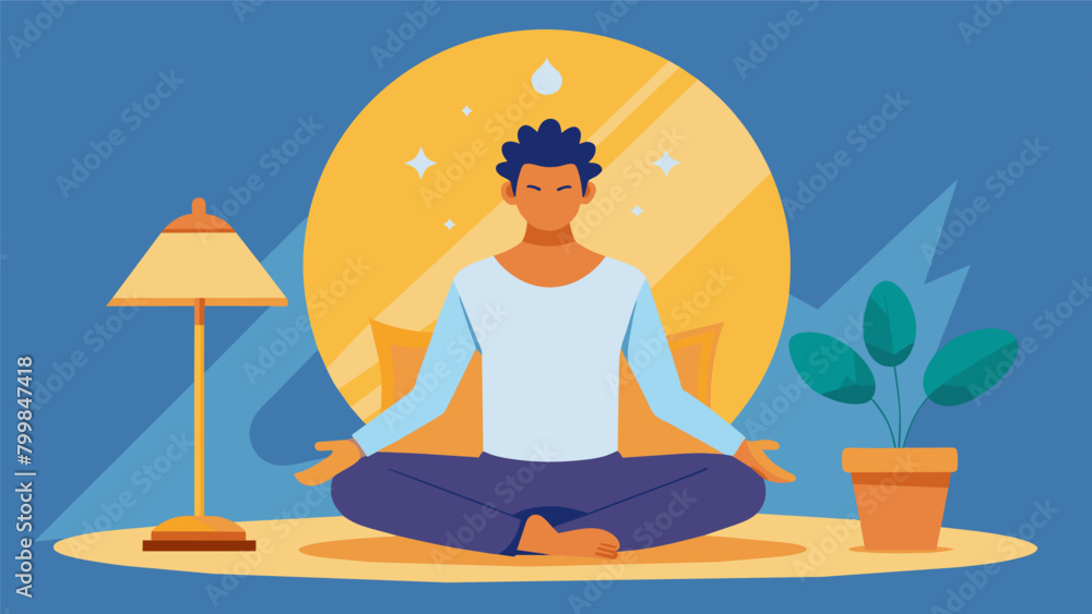 A man practicing meditation and deep breathing in front of a sun lamp fighting off seasonal affective disorder.. A man practicing meditation and deep breathing in front of a sun lamp fighting off seasonal affective disorder..