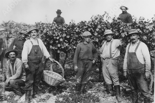 A 1920s-style black-and-white photo that looks like it was taken of farmers posing in a European vineyard.