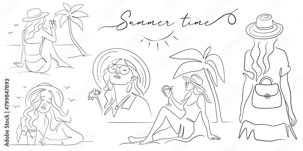 Set of fashionable girls on vacation in line art vetor for summer design, hand-drawn text