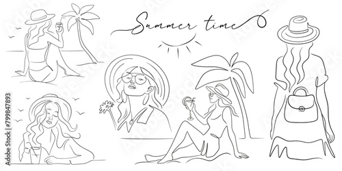 Set of fashionable girls on vacation in line art vetor for summer design, hand-drawn text