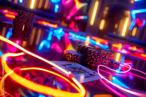 Brightly lit poker cards and chips on a table with neon lights. Gambling concept background 