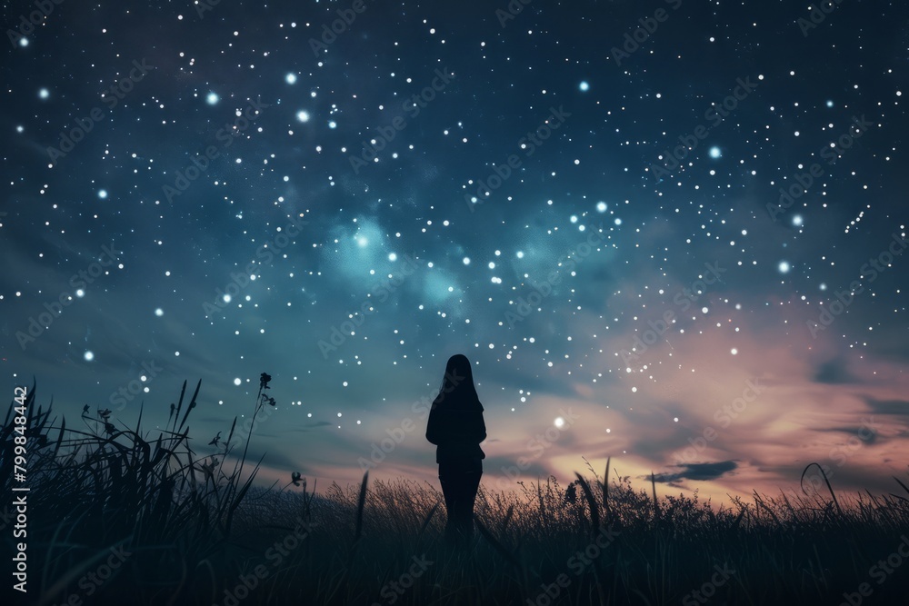 Envision a sense of wonder as a girl stands in awe beneath a vast canopy of stars in an open field, her imagination soaring, Generative AI