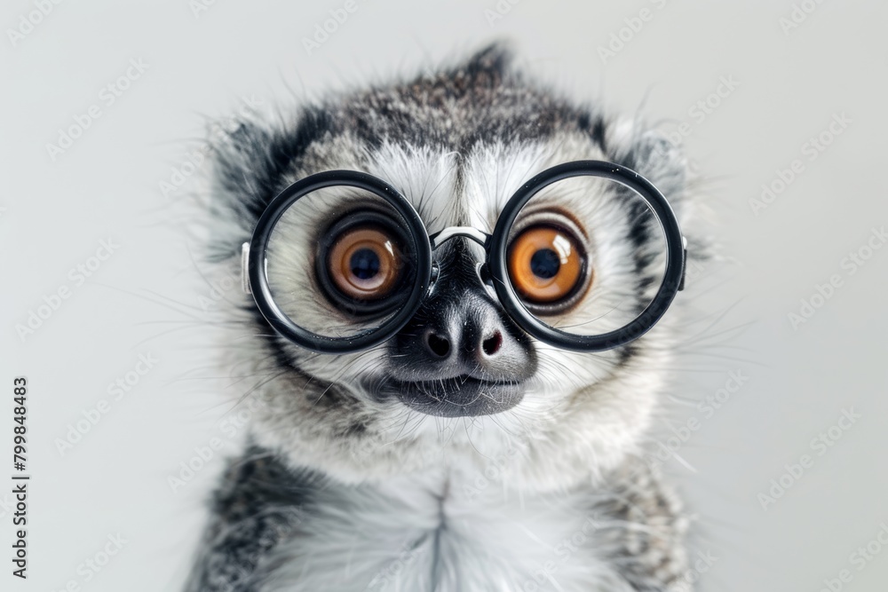 Portrait of cute animal in glasses on white background, perfect for optics ad.
