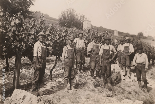A 1920s-style black-and-white photo that looks like it was taken of farmers posing in a European vineyard.
