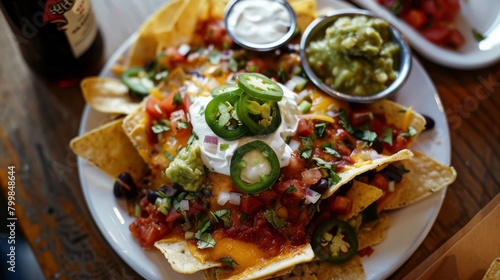 Top view of a plate of cheesy nachos loaded with jalapenos  black beans  sour cream  guacamole  and  