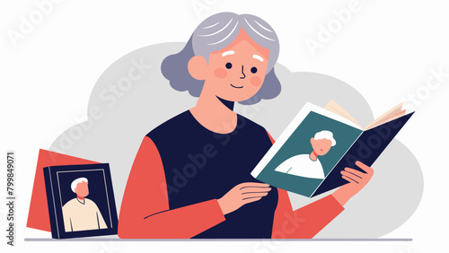 An elderly woman holding a photo album flipping through the pages and narrating the stories of each person captured within the black and white images.. Vector illustration