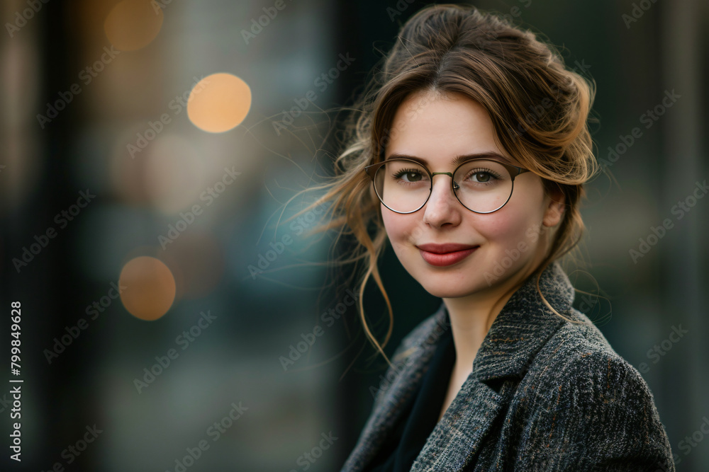 Portrait of a smiling business woman wearing glasses and a suit standing outdoors, looking at the camera Portrait of a smiling business woman wearing glasses and a suit standing outdoors, looking at the camera