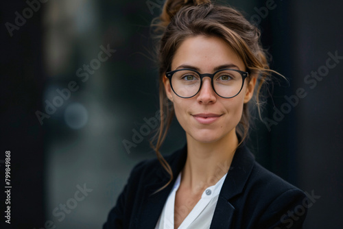 Portrait of a smiling business woman wearing glasses and a suit standing outdoors, looking at the camera 