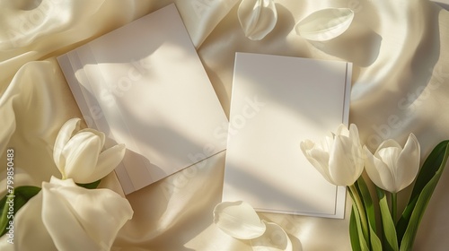 A blank greeting card with tulip flowers on a cream-colored curly silk tablecloth. © Pro Hi-Res