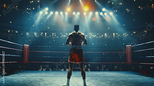 Boxer is standing on the boxing ring from back view