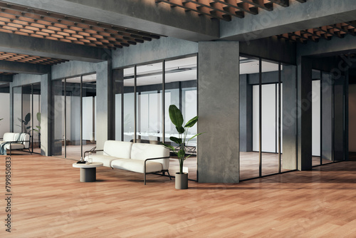 Contemporary wooden, concrete and glass meeting room interior and office corridor with furniture and daylight. 3D Rendering.