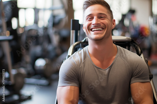 Young muscular man in wheelchair looks at camera and smiles. Healthy lifestyle and fitness concept. Fit bodybuilder sit down on the machine smile and enjoy workout leisure activity alone