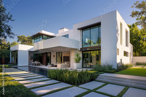 A contemporary villa with a white stucco exterior and minimalist landscaping, embodying timeless elegance. © shafiq