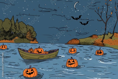 Cartoon cute doodles of a Halloween-themed paddle boat party on a spooky lake, with jack-o'-lanterns floating in the water and bats flying overhead,Generative AI photo