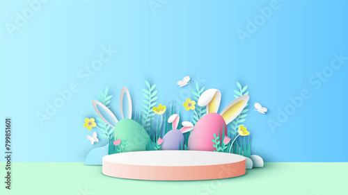 Easter eggs with circle stage podium scene decorated with flower, leaves and butterfly. Happy Easter. Paper cut and craft style. vector, illustration.