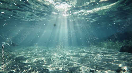 The sunlight penetrates the water  casting a glow onto the ocean floor where various marine life can be seen in their natural habitat. The beams create patterns as they filter through the water