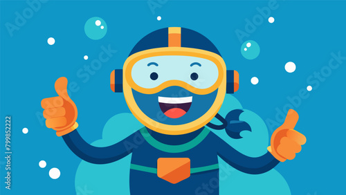 A beaming smile and thumbs up from one diver to the other signifies the successful completion of their first underwater photography dive.. Vector illustration