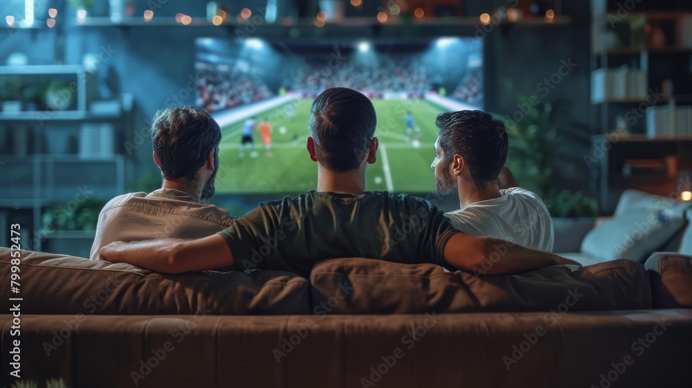 Back view of male friends watching a soccer match on a couch with a big screen TV. Men actively support their favorite team and comment on the game