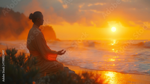 Man practicing Tai Chi by the sea at sunset