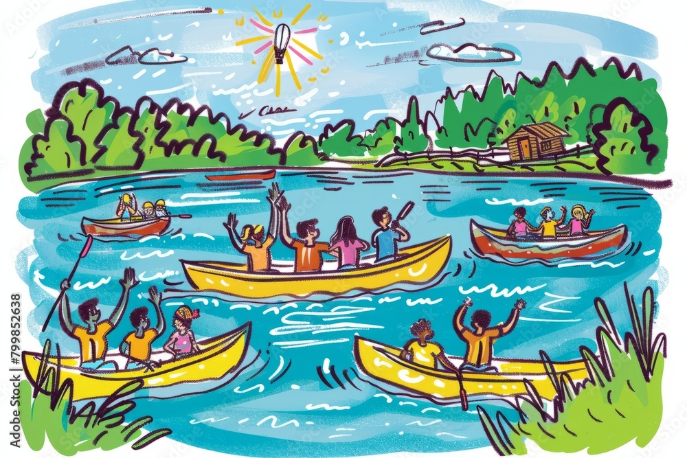 Cartoon cute doodles of a summer camp paddle boat race on a lively lake, with campers cheering each other on from the shore, Generative AI