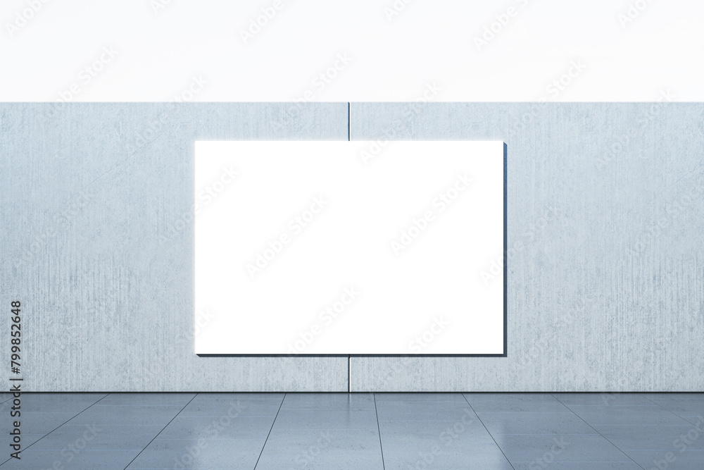 Modern empty interior with white mock up banner on gray wall. Gallery and museum concept. 3D Rendering. Modern empty interior with white mock up banner on gray wall. Gallery and museum concept. 3D Rendering.