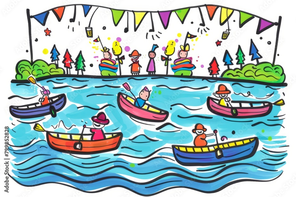 Cartoon cute doodles of a summer camp paddle boat race on a lively lake, with campers cheering each other on from the shore, Generative AI Cartoon cute doodles of a summer camp paddle boat race on a lively lake, with campers cheering each other on from the shore, Generative AI