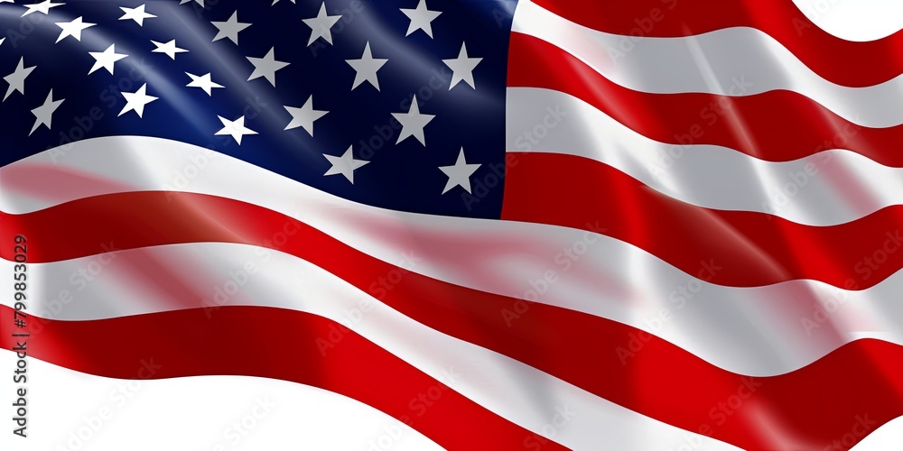Fototapeta premium Close-up view of American flag fluttering in the wind with copy space, rendered in 3D. Patriotic symbolism