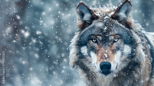4K wallpaper featuring a close-up of a gray wolf's face as snow falls gently around it © Pervaiz